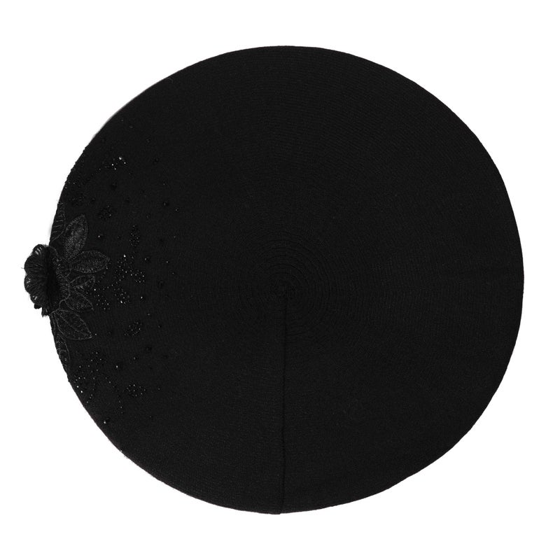 ZLYC Womens French Beret hat, Reversible Solid Color Mosaic Warm Beret Cap for Girls (Flower Black) - Image 5